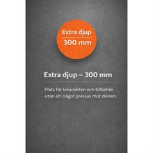 Mörkgrå grafik med orange cirkel och text: Extra djup 300 mm, plats för kikarsikten och tillbehör.